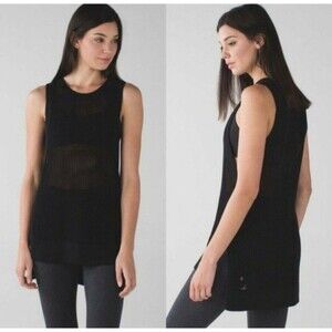 Lululemon Simply The Vest Black Crochet Mesh Knit Top Hi Low - See Size Notes